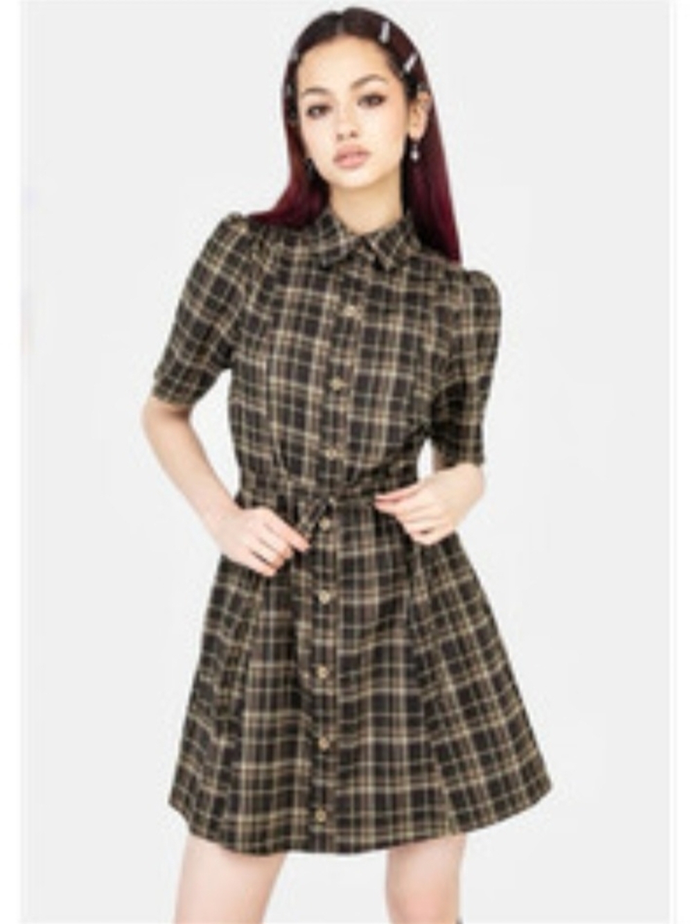 Disturbia Olive & Black Plaid Button-Front Mini Dress